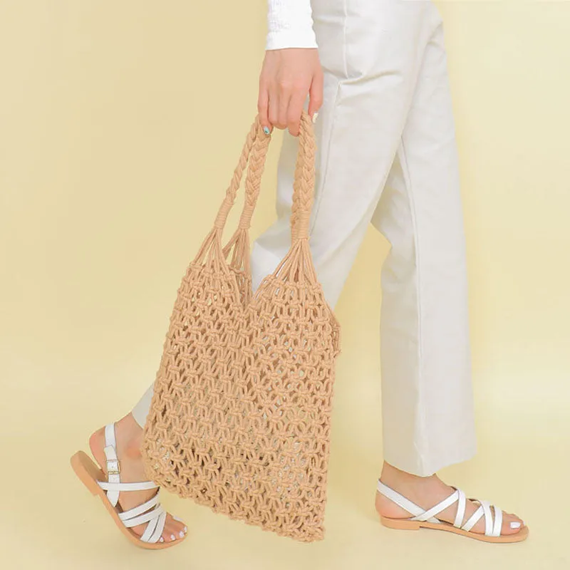 35X35Cm Fashion Popular Woven Bag Mesh Rope Weaving Tie Buckle Reticulate Hollow Straw Bag No Lined