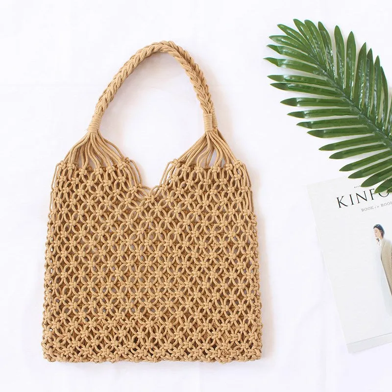 35X35Cm Fashion Popular Woven Bag Mesh Rope Weaving Tie Buckle Reticulate Hollow Straw Bag No Lined