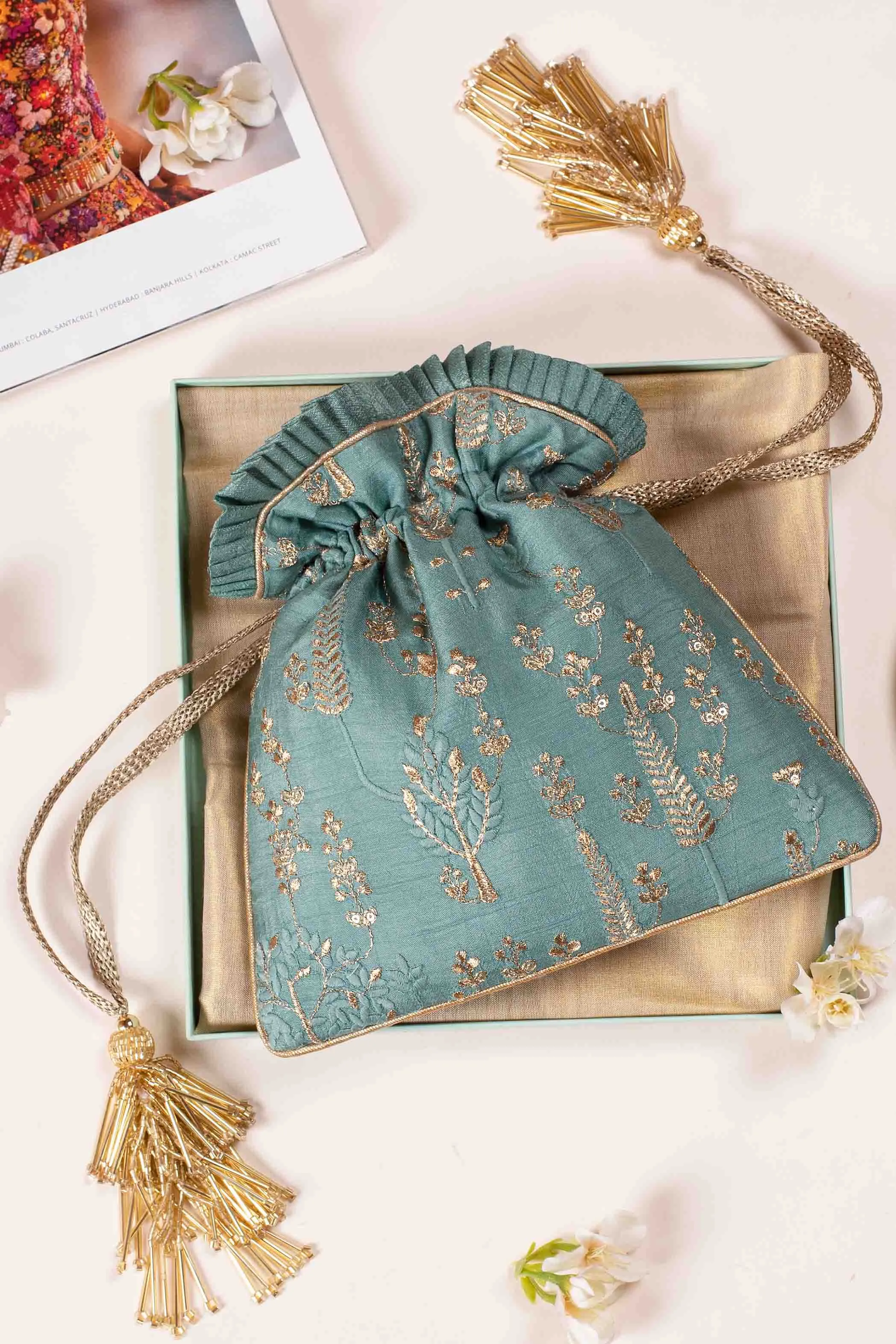 Arbre Silk Potli bag - blue green