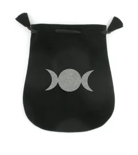 Black Velveteen Triple Moon Symbol Bag Pouch With Drawstring