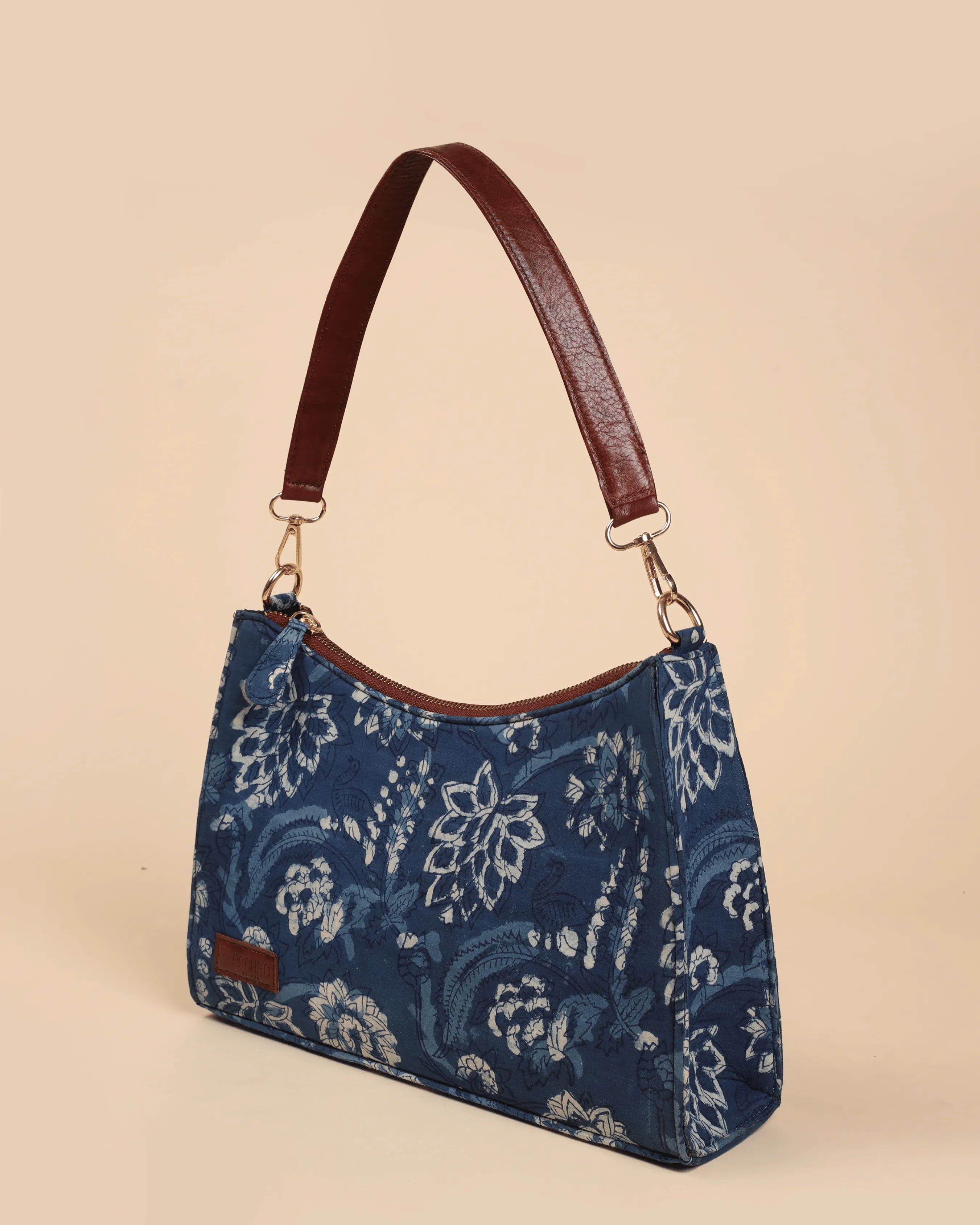 Indigo Deep Handblock Baguette Bag