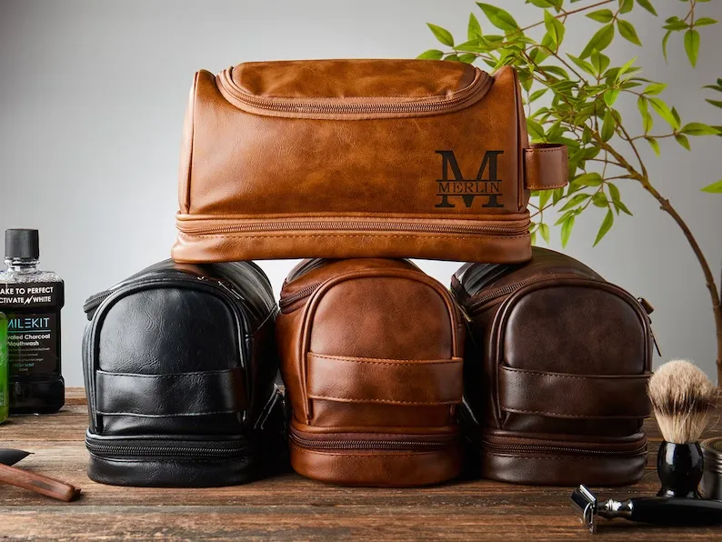 Personalized Groomsman Toiletry Bag, Gifts For Him, PU Leather Dopp Kit