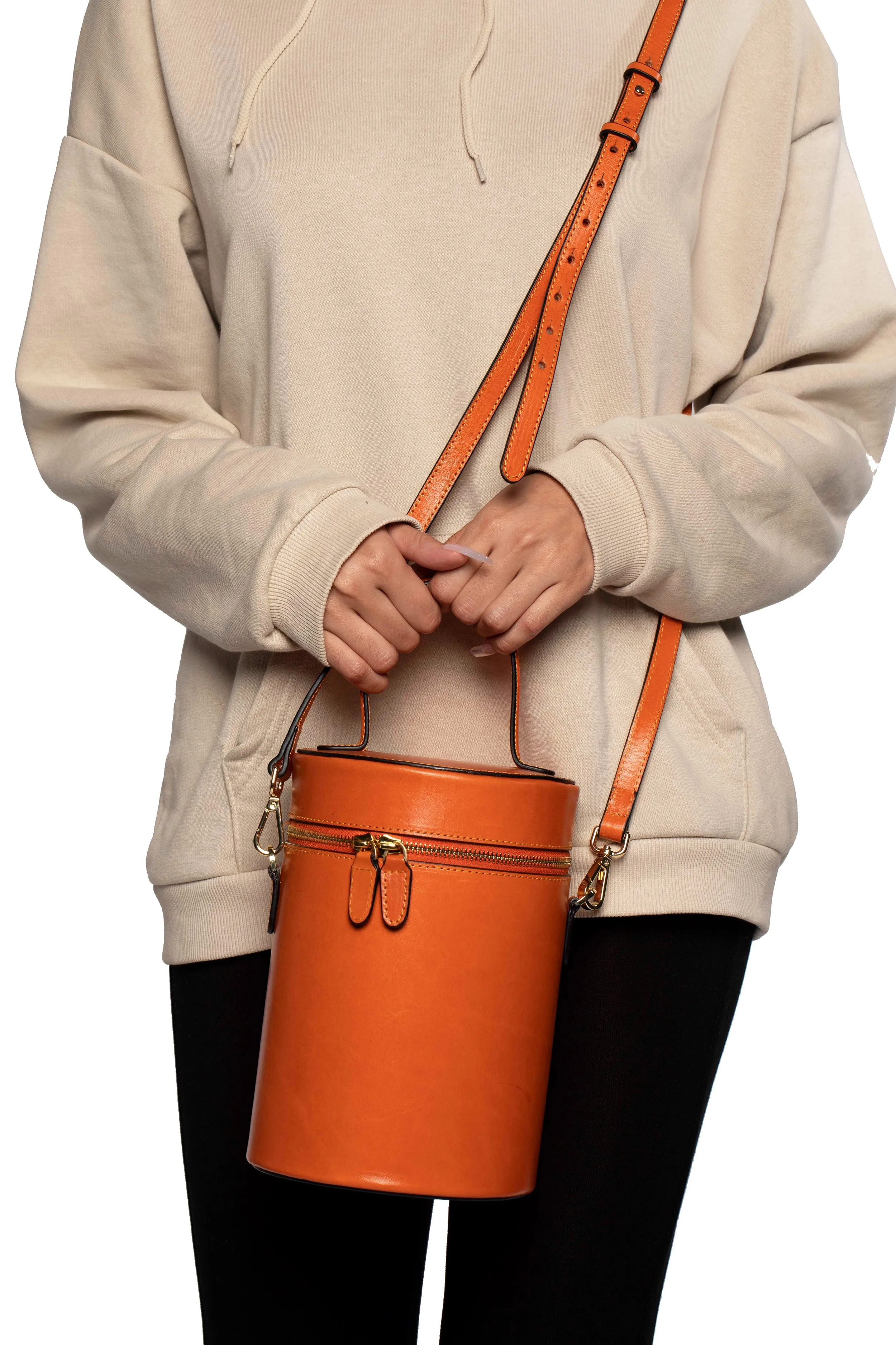 SSW - Cylinder Bucket Leather Bag in Mandarin Orange